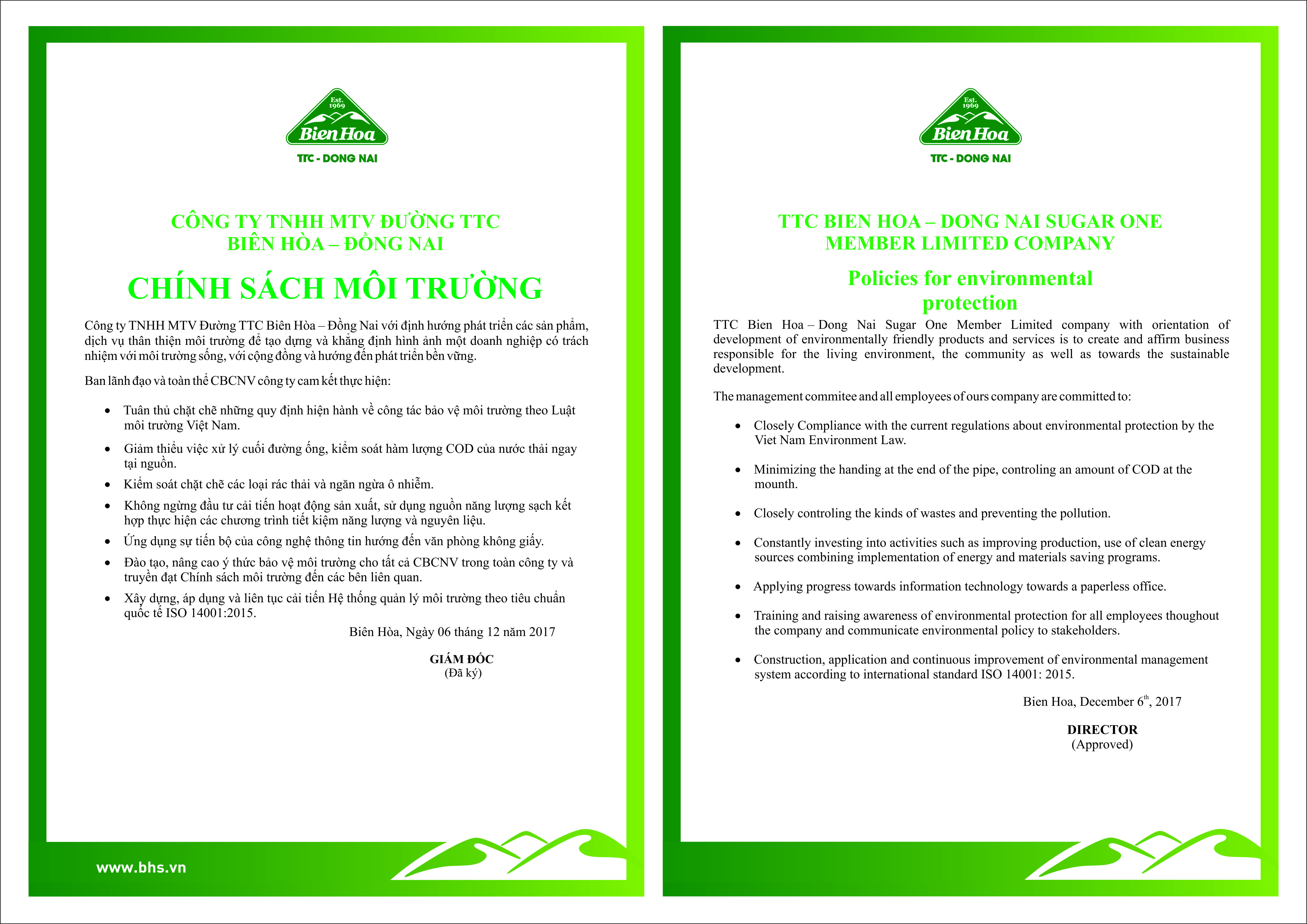 Ban hành chính sách môi trường của Công ty TNHH MTV Đường TTC Biên Hòa – Đồng Nai