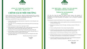 Ban hành chính sách môi trường của Công ty TNHH MTV Đường TTC Biên Hòa – Đồng Nai Ban hành chính sách môi trường của Công ty TNHH MTV Đường TTC Biên Hòa – Đồng Nai